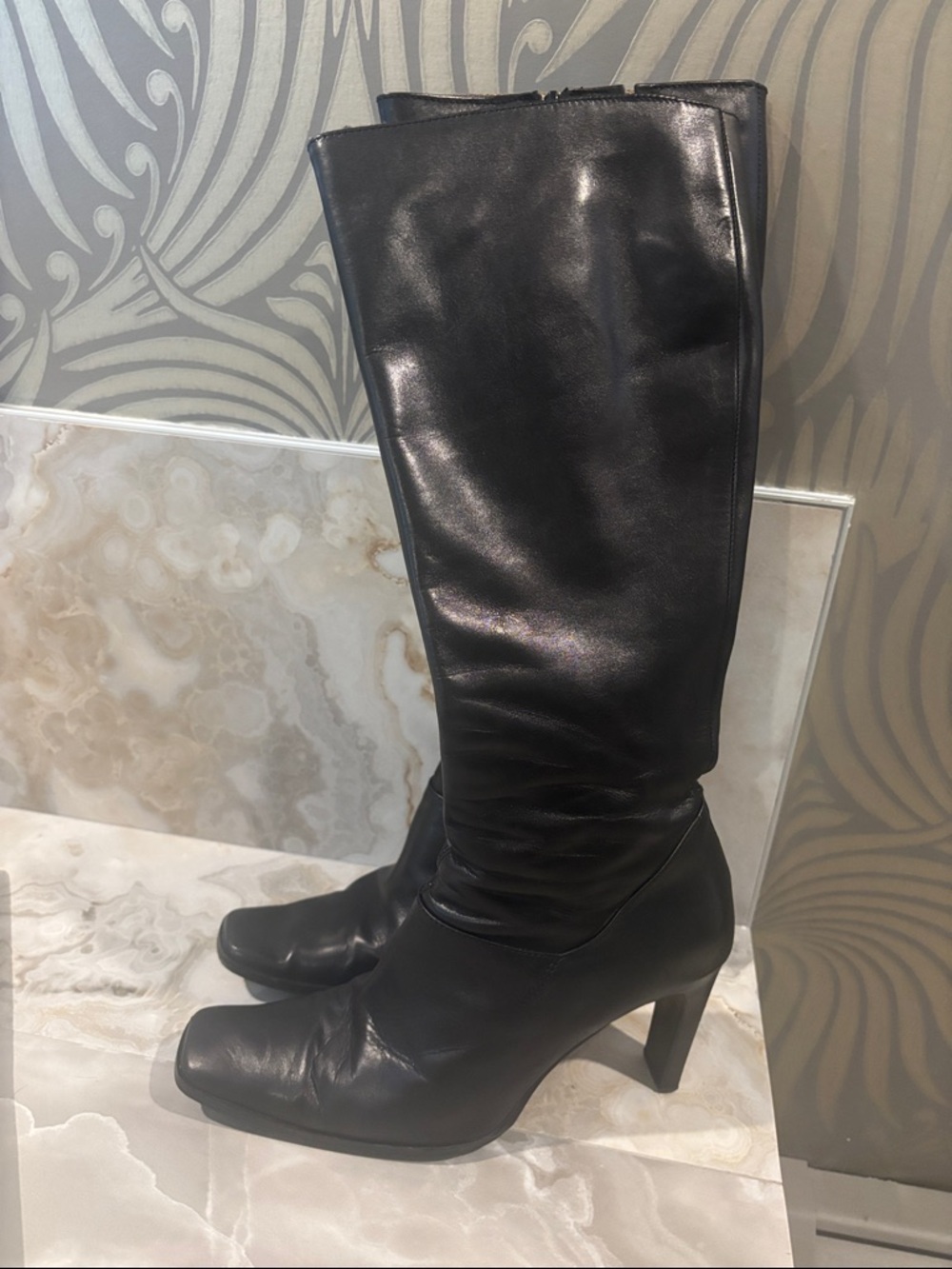Charles David Black Leather Knee-High Heeled Boots